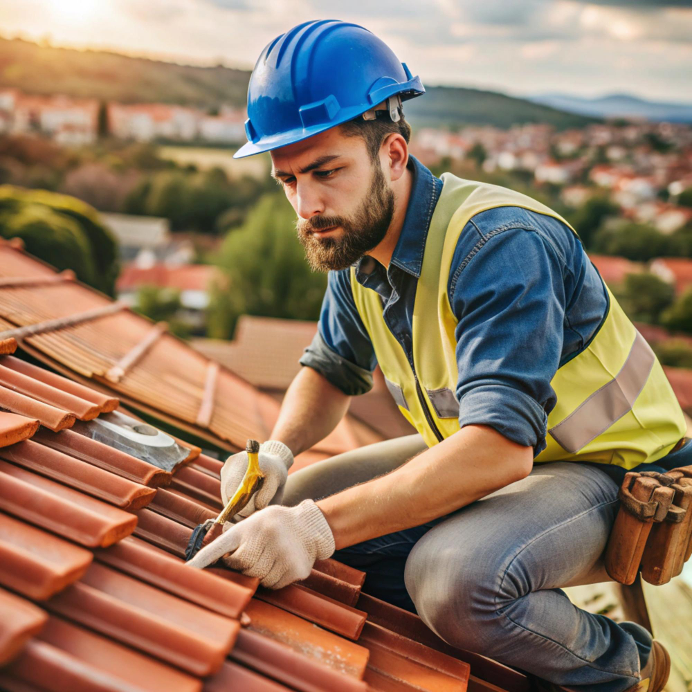 Couvreur sur toit en tuiles